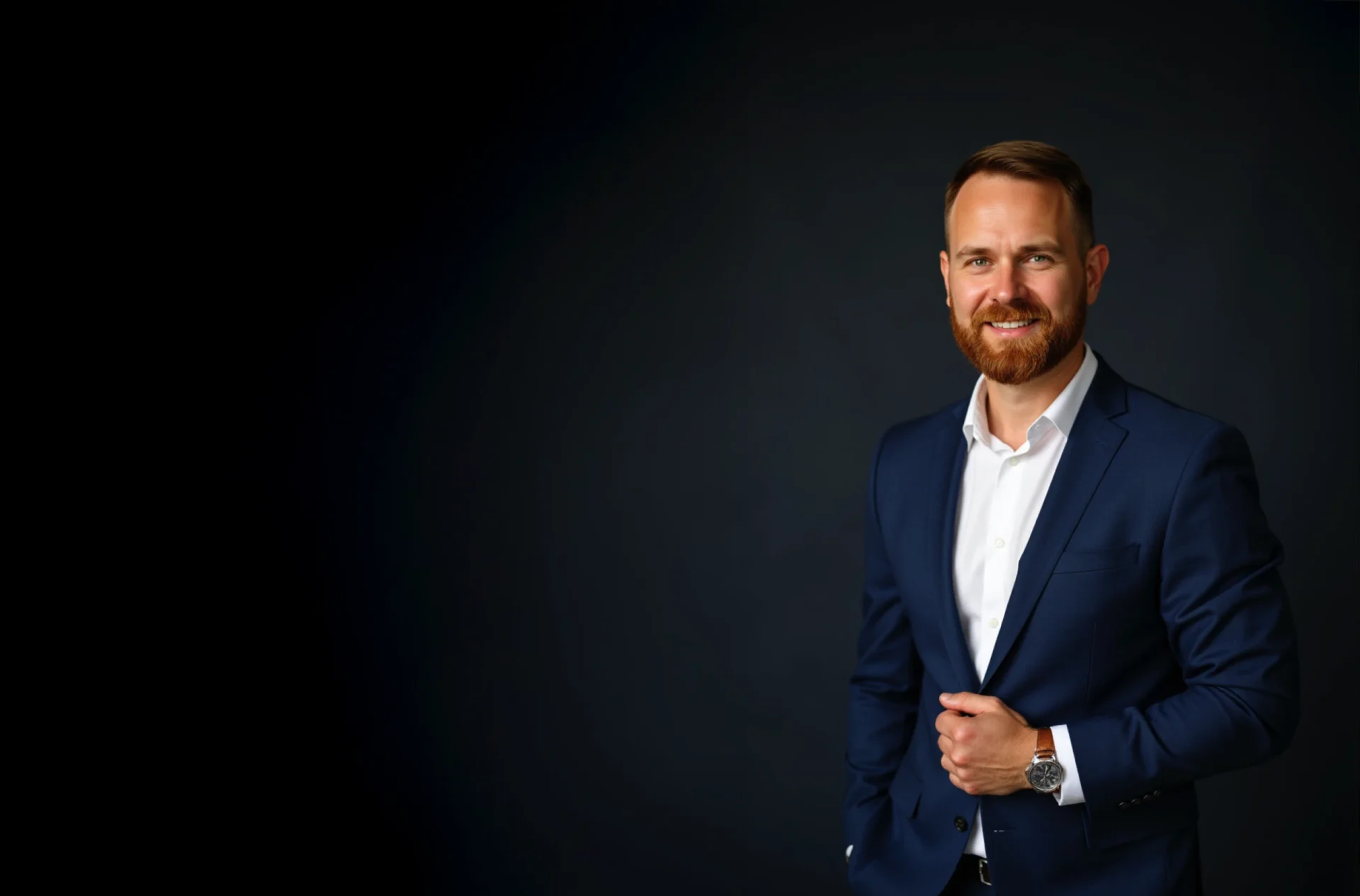 Adwokat Sławomir Wojciulewicz pozuję do zdjęcia z szerokim uśmiechem. Ubrany w białą koszulę i niebieski garnitur