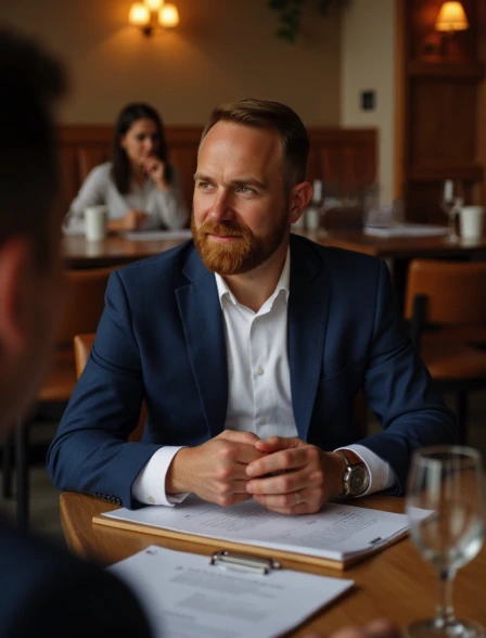 Sławomir Wojciulewicz w trakcie spotkania z klientem omawia szczegóły sprawy. Ubrany w elegancki niebieski garnitur i białą koszulę.